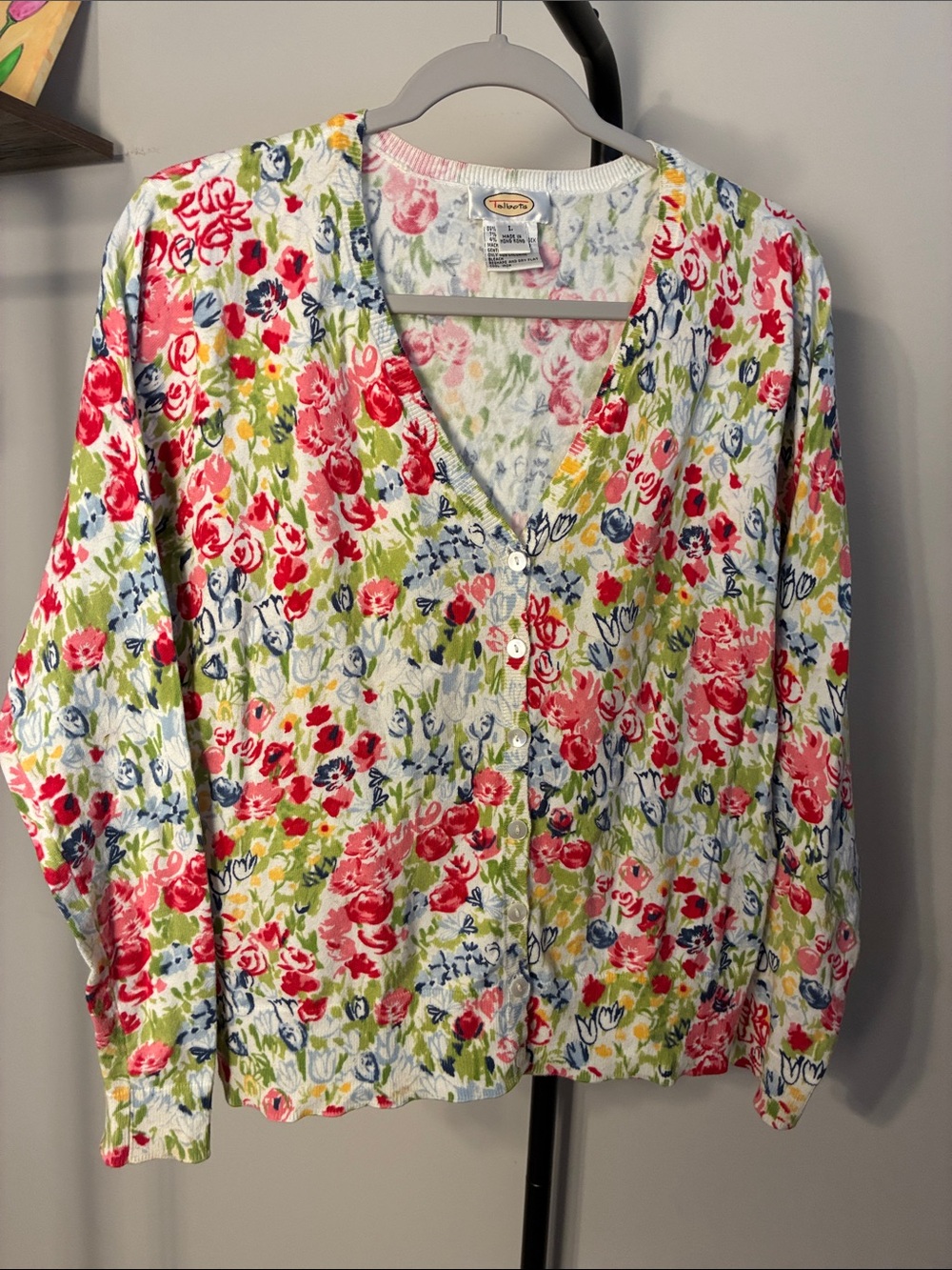 Talbots White Floral Button-Front Cardigan - Pink, Green, Blue V Neck Large